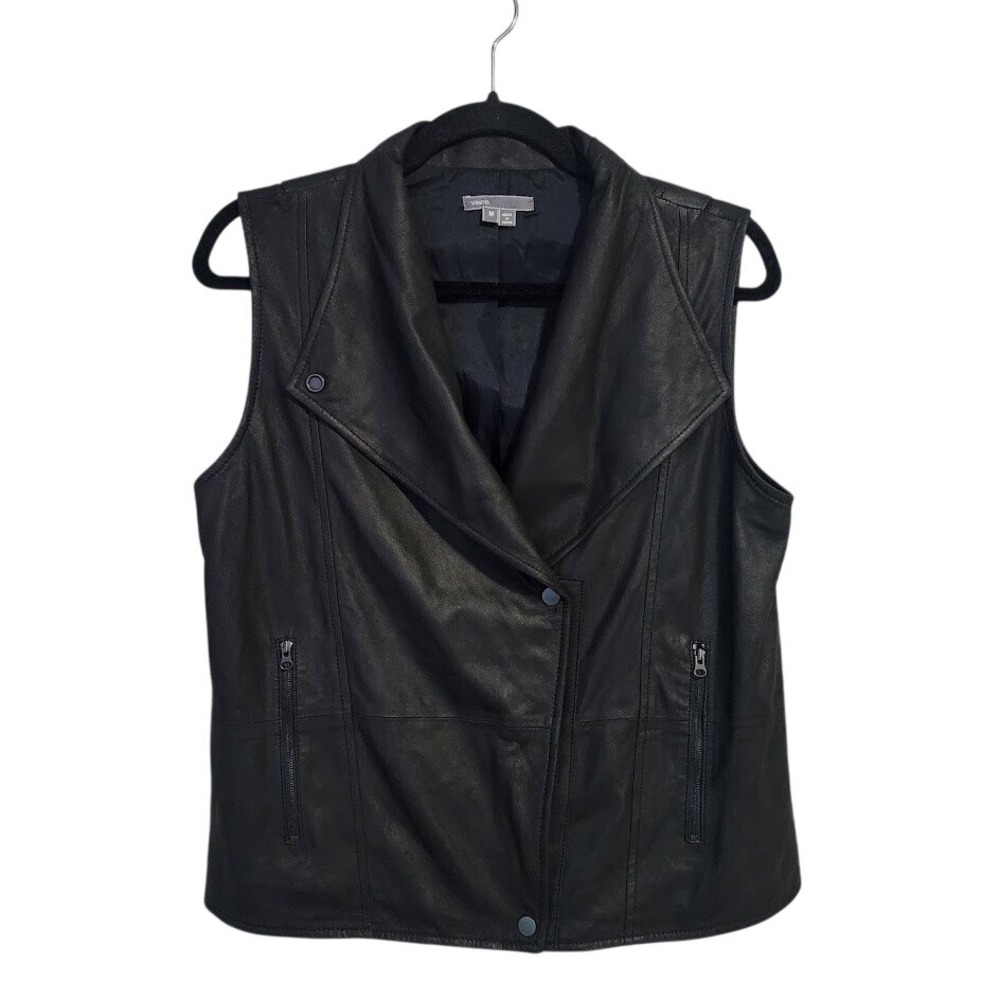 VINCE Y2K Black Leather Asymmetric Moto Biker Vest Gilet Jacket